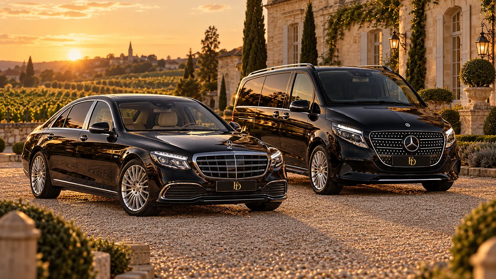 Mercedes Classe S et Classe V FirstDriver devant un château du Bordelais au coucher du soleil