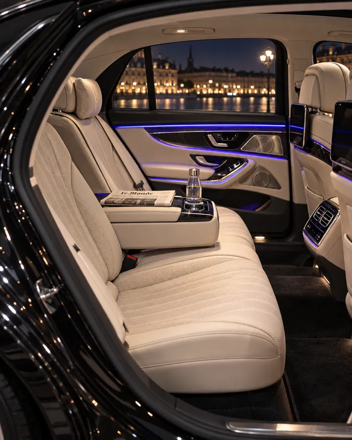 Habitacle arrière de la Mercedes Classe S, sellerie cuir et lumière d'ambiance