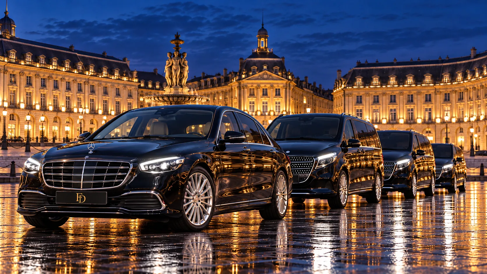 Flotte FirstDriver : Mercedes Classe S en tête de Mercedes Classe V, place de la Bourse à Bordeaux