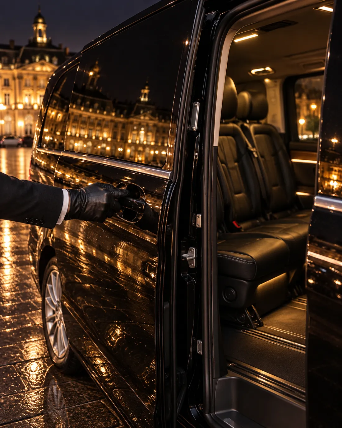 Main gantée du chauffeur ouvrant la porte d'une Mercedes Classe V, place de la Bourse